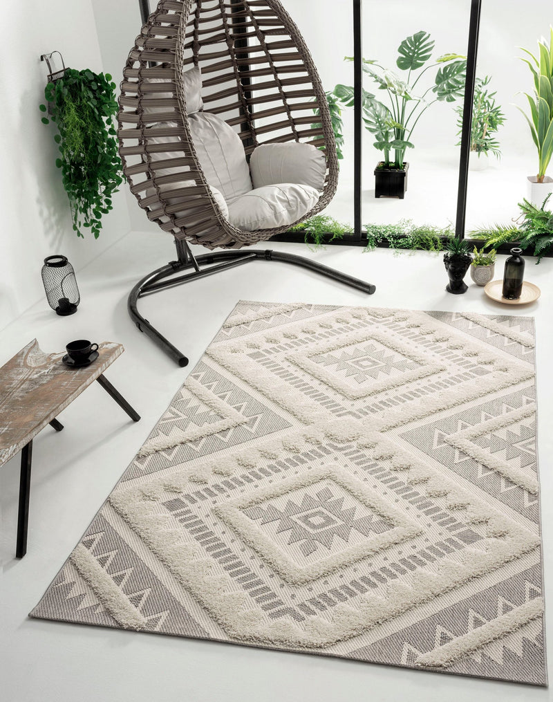 Covor Kayra cu model 3D în stil boho scandi crem, 80x150 cm - LunaHome.ro