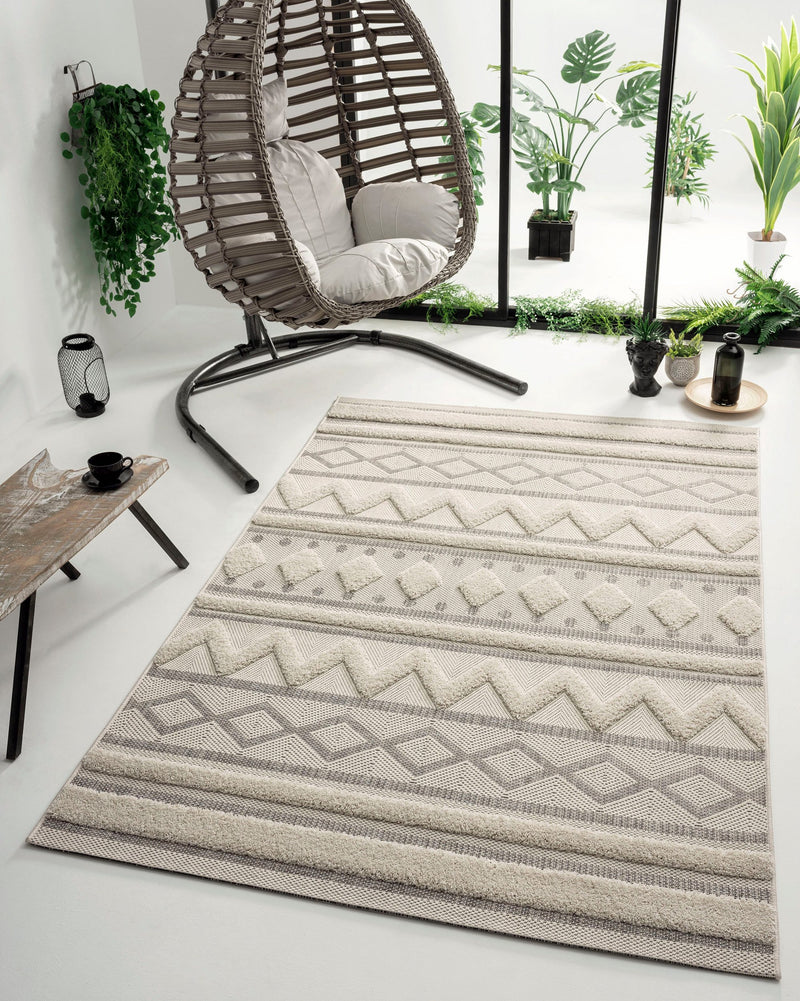 Covor Kayra cu model 3D în stil boho scandi crem, 80x150 cm - LunaHome.ro