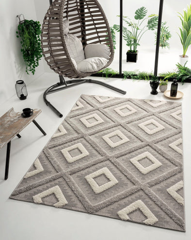 Covor Kayra cu model 3D în stil boho scandi gri, 140x200 cm