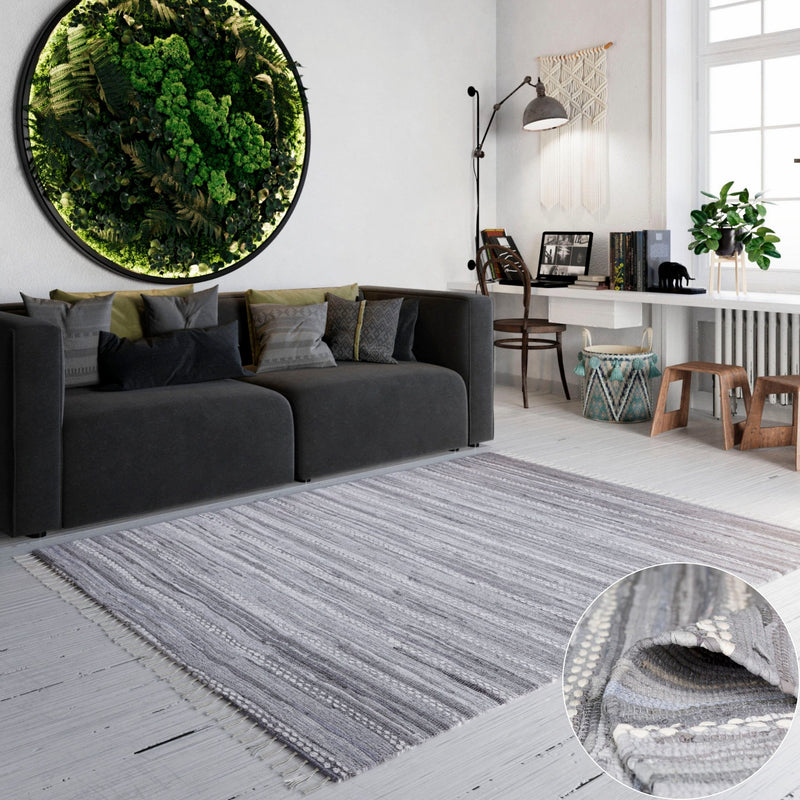 Covor LeVivier din bumbac tesut manual gri cu franjuri 60x110 cm - LunaHome.ro