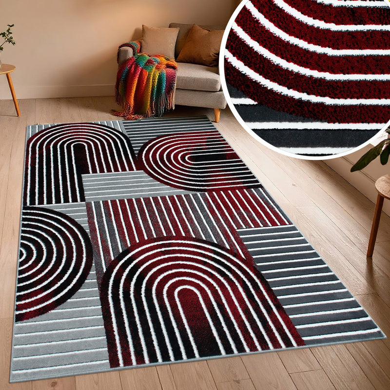 Covor Lysandra cu aspect geometric gri cu rosu 60x110 cm