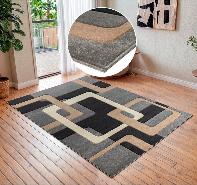 Covor Maxim cu model geometric, 3D gri cu bej 200x290 cm - LunaHome.ro