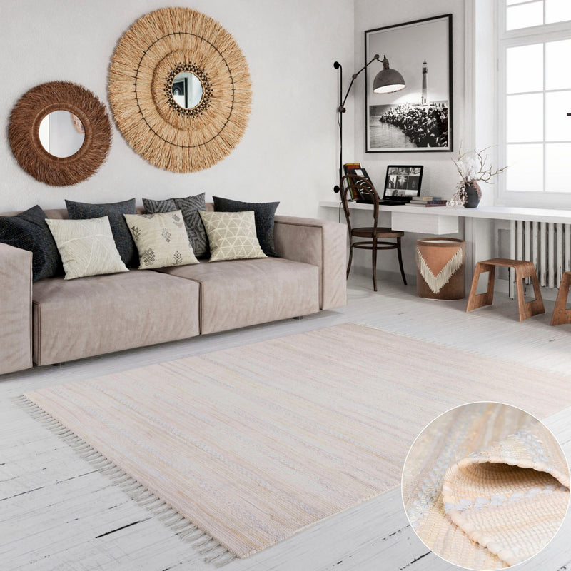 Covor Nickelberg din bumbac tesut manual crem cu franjuri 120x170 cm - LunaHome.ro
