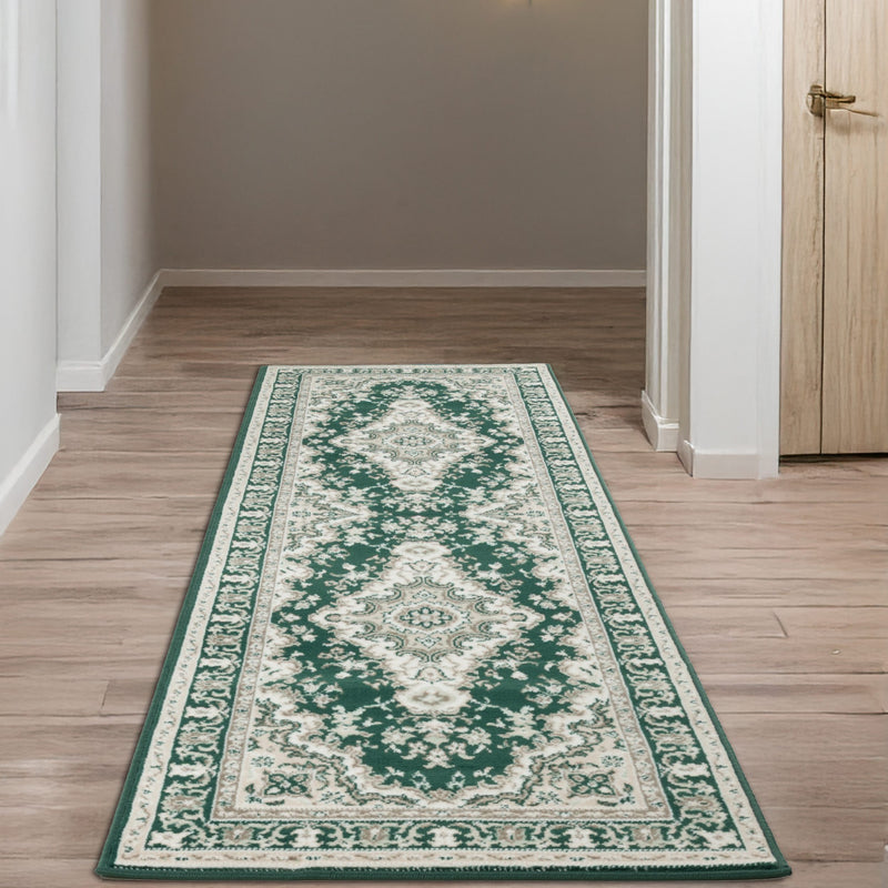 Covor Oriental DELAVITA verde inchis cu model traditional 80x250 cm - LunaHome.ro