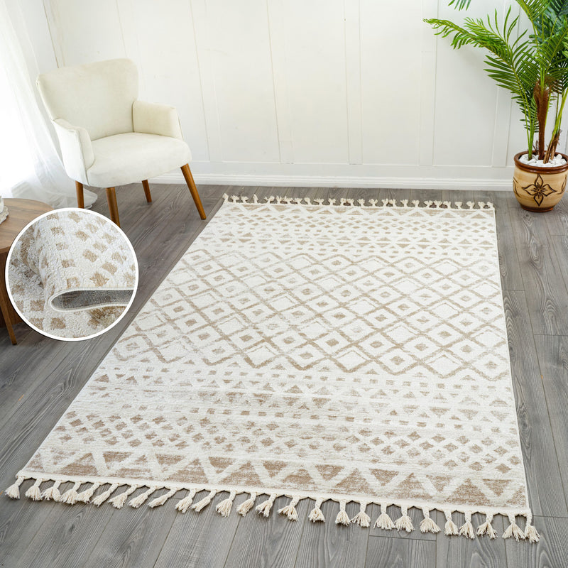 Covor Ribeyret crem cu franjuri si model boho 3D 120x180 cm - LunaHome.ro