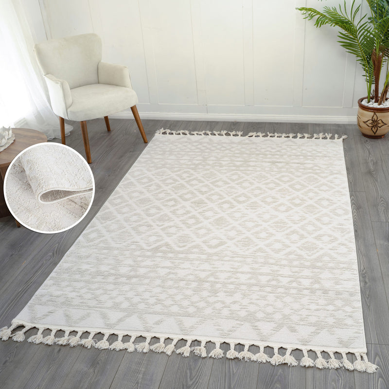 Covor Ribeyret crem cu franjuri si model boho 3D 160x230 cm - LunaHome.ro
