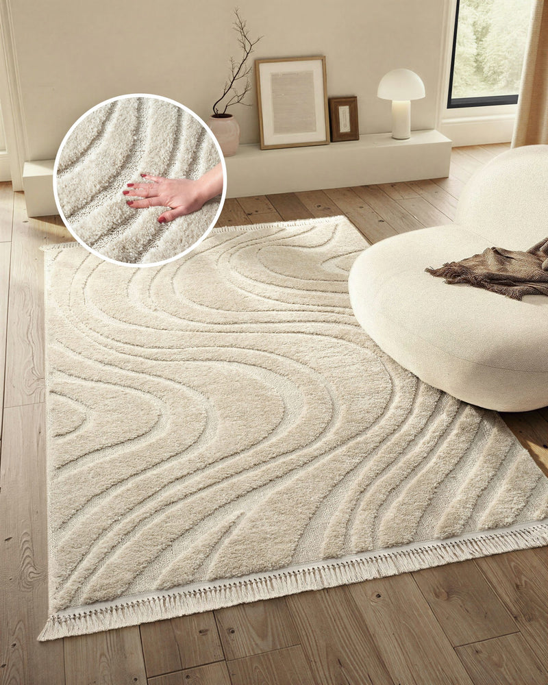 Covor Waavy cu franjuri model ondulat crem 160x230 cm - LunaHome.ro