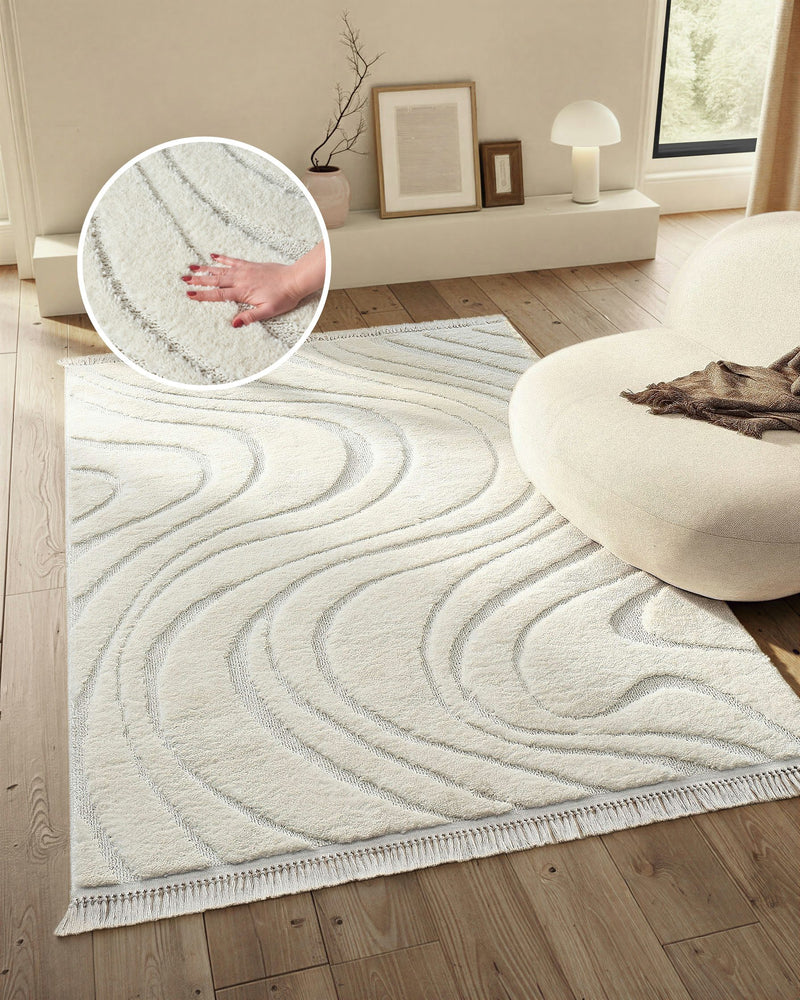 Covor Waavy cu franjuri model ondulat crem 160x230 cm - LunaHome.ro