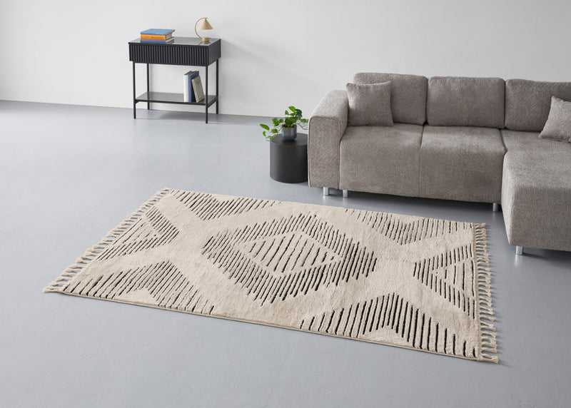 Covor Yule cu franjuri, aspect boho 3D crem 60x90 cm - LunaHome.ro