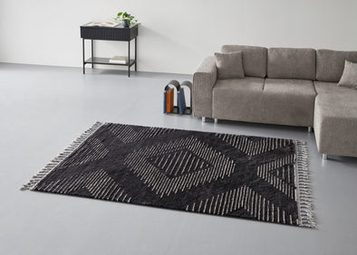 Covor Yule cu franjuri, aspect boho 3D negru 160x230 cm