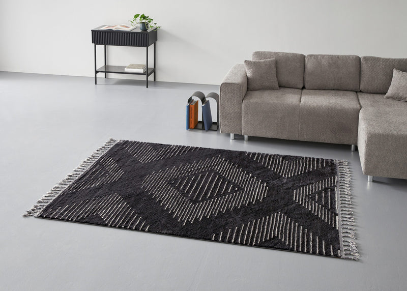 Covor Yule cu franjuri, aspect boho 3D negru 60x90 cm - LunaHome.ro