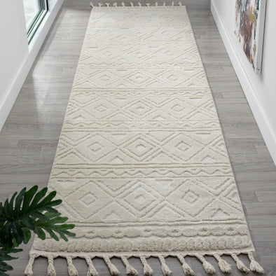 Covor Bonvo crem cu design scandinav 3D si franjuri 80x300 cm - LunaHome.ro