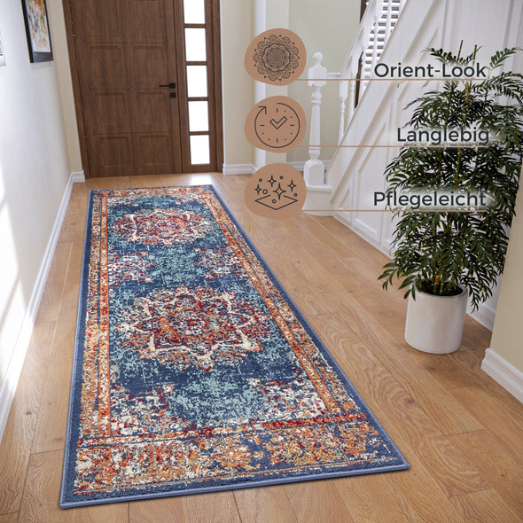 Covor »Maderno« cu design oriental albastru, fire scurte 80x240 cm - LunaHome.ro