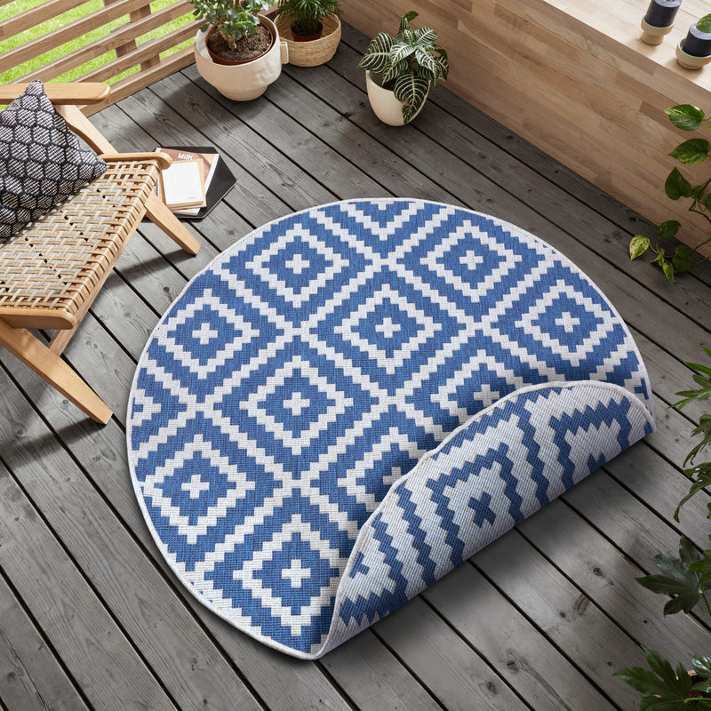 Covor rotund Ronda reversibil, potrivit si pentru exterior, albastru 140 cm - LunaHome.ro