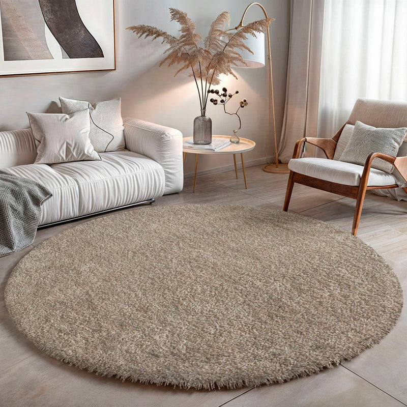 Covor bej Banji rotund, moale și pufos, 100 cm diametru - LunaHome.ro
