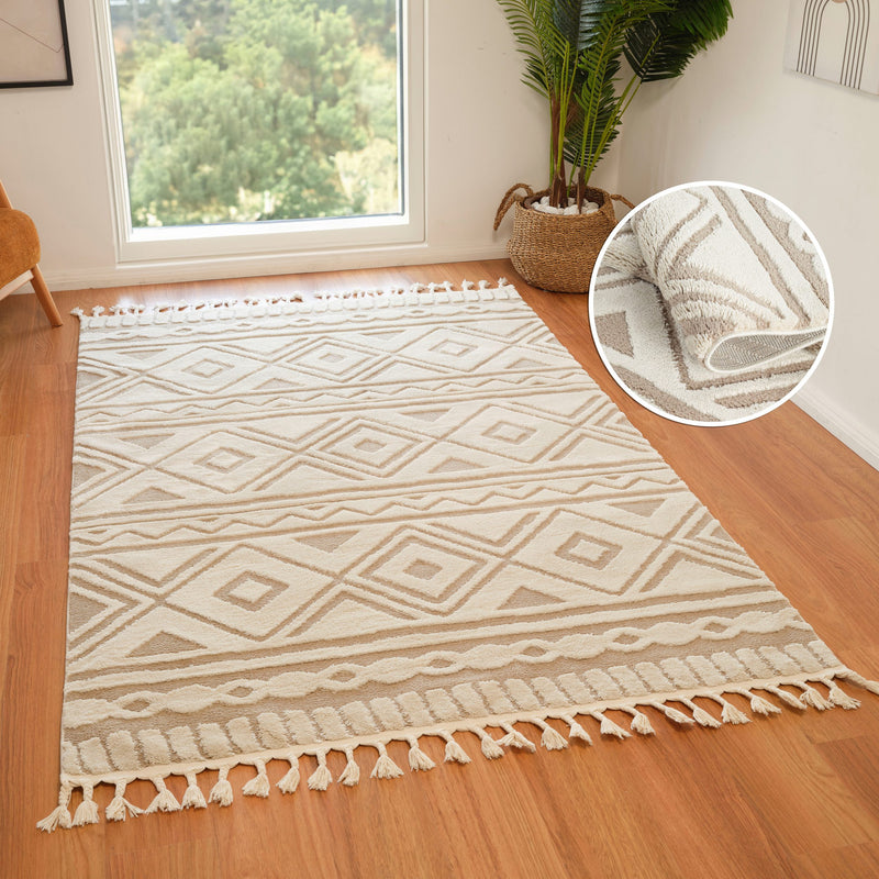 Covor crem Bonjo cu aspect boho cu franjuri 80x150 cm - LunaHome.ro