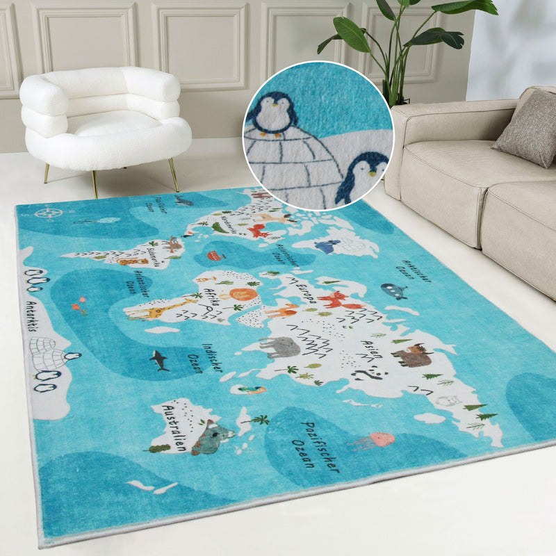 Covor cu model Harta Lumii albastru 110x155 cm - LunaHome.ro