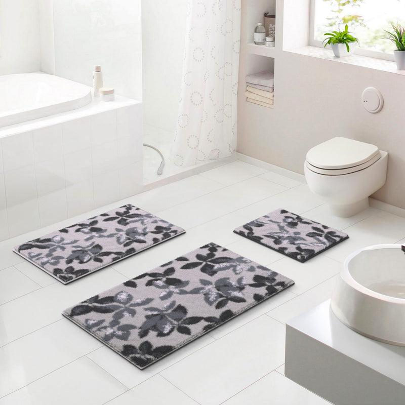 Covor de baie Umbria gri cu model floral lavabil 60x100 cm - LunaHome.ro