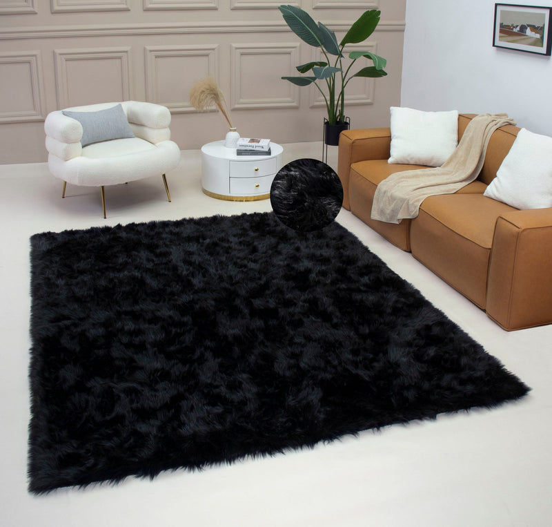 Covor de blană Dena foarte pufos, negru 80x150 cm - LunaHome.ro