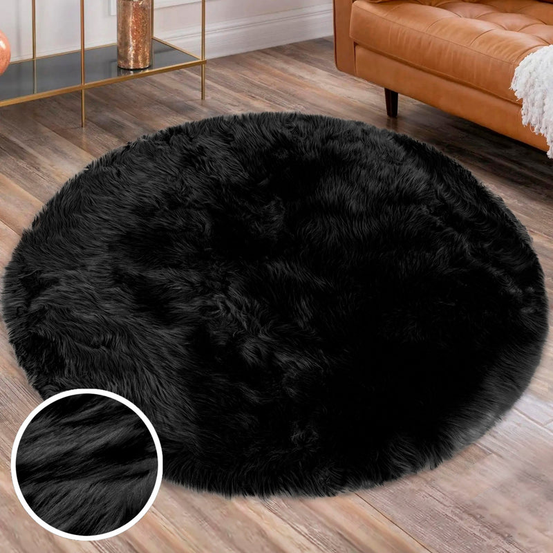 Covor de blană »Valeria« rotund foarte moale si pufos negru, 140 cm - LunaHome.ro