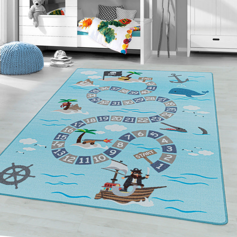 Covor pentru copii PLAY model cu pirati albastru 100x150 cm