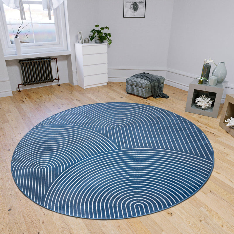 Covor rotund Faron cu fire scurte, design scandi boho albastru, 160 cm - LunaHome.ro