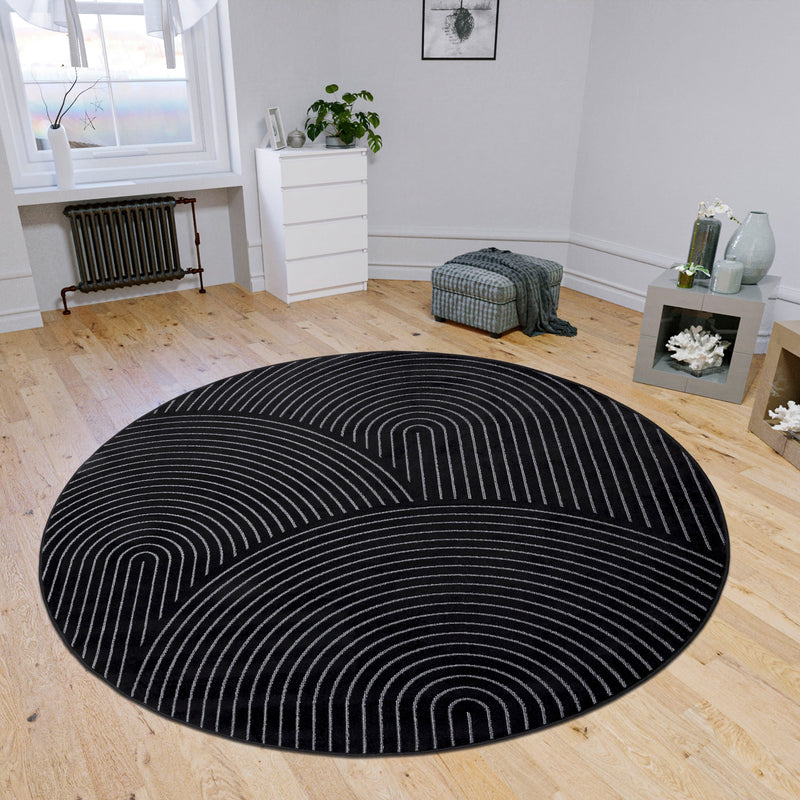 Covor rotund Faron cu fire scurte, design scandinav negru, 160 cm - LunaHome.ro