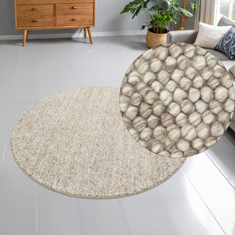 Covor rotund Wolly din lână bej lucrat manual 160 cm - LunaHome.ro