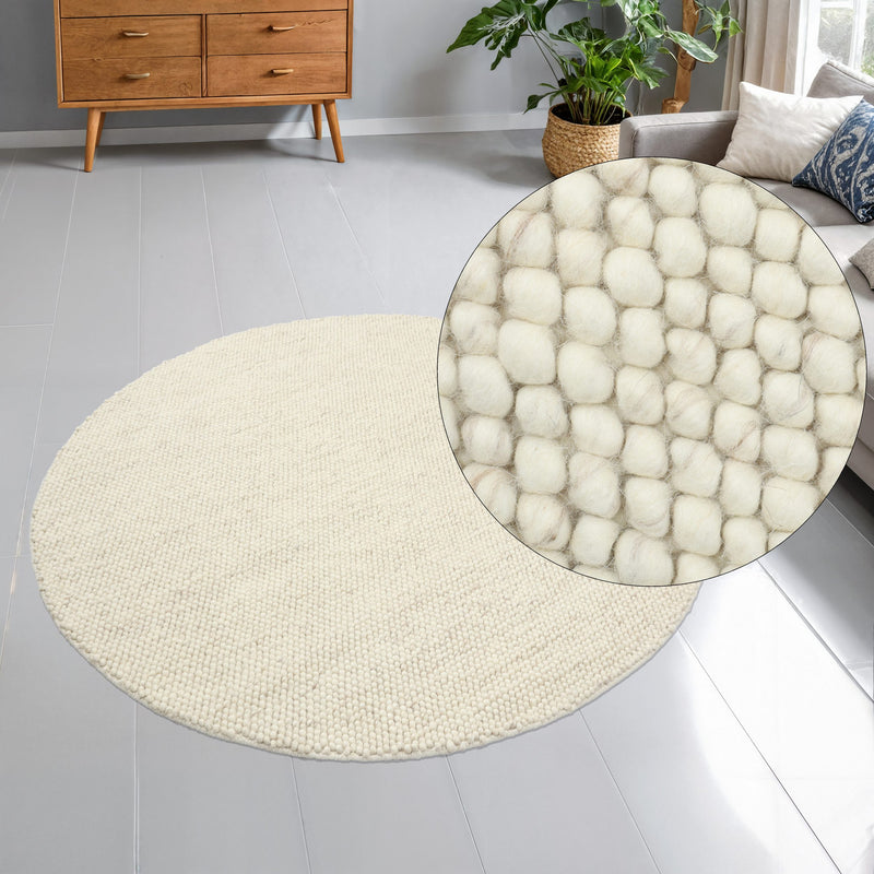 Covor rotund Wolly din lână crem lucrat manual 120 cm - LunaHome.ro