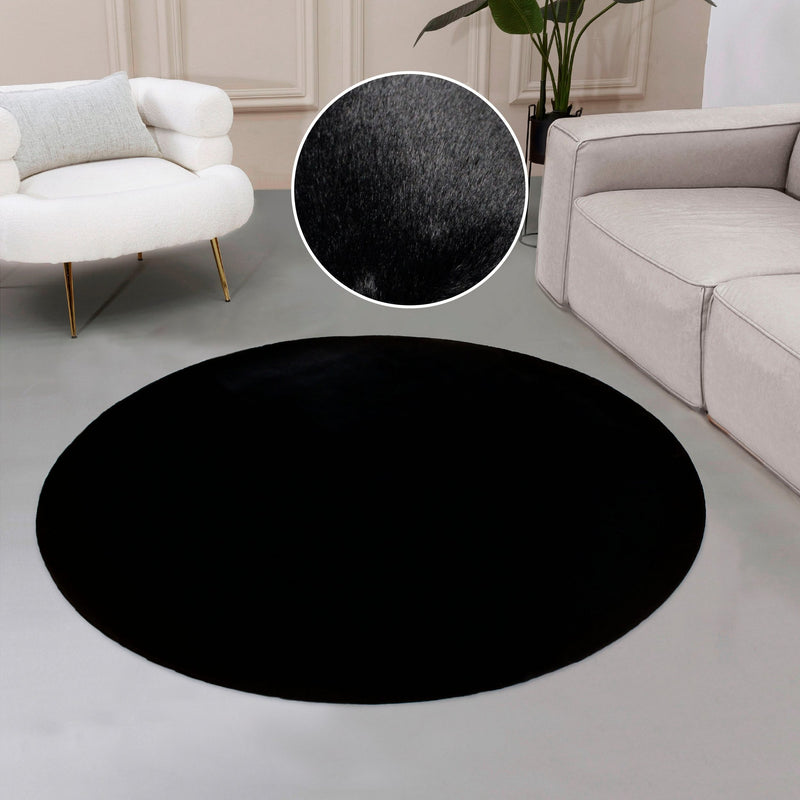Covor rotund de blană sintetica »Balu« cu textura de blana negru, 180 cm - LunaHome.ro