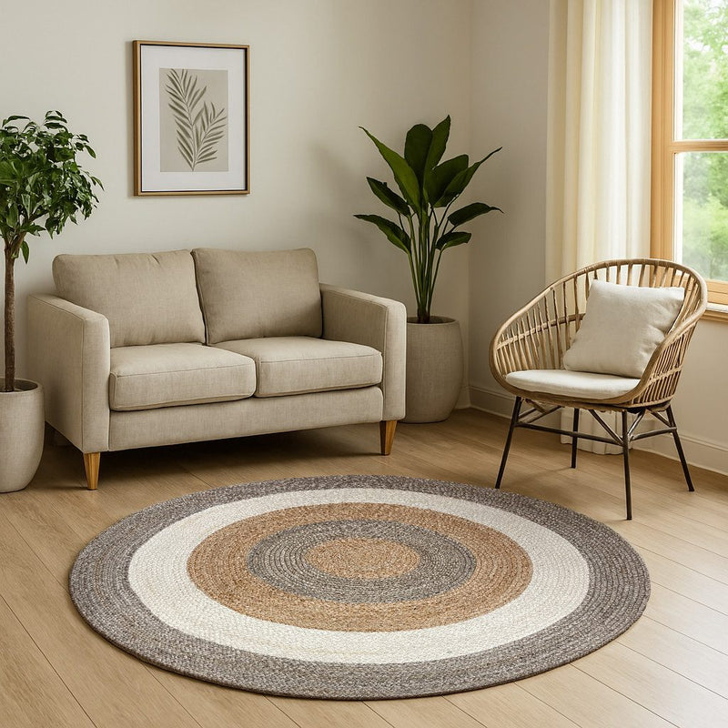 Covor rotund din iuta Terra Rings impletit manual 100 cm - LunaHome.ro