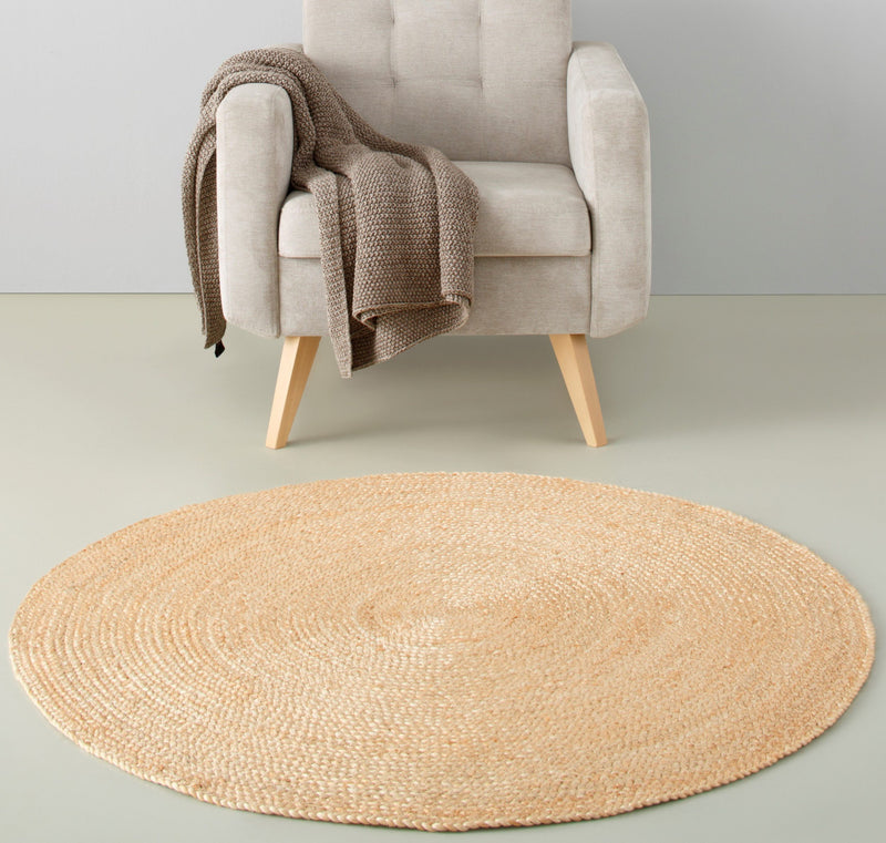 Covor rotund din iută lucrat manual stil Boho, reversibil, Naturala - LunaHome.ro