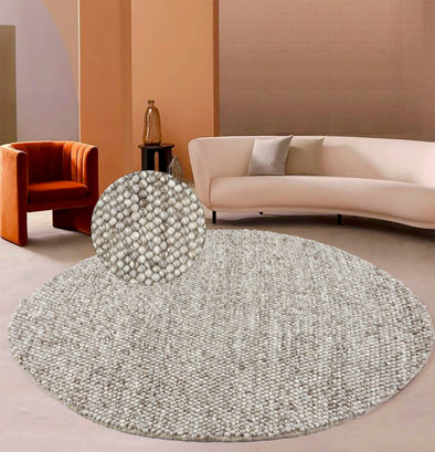 Covor rotund din lână Ainhoa model cu noduri bej 120 cm diametru - LunaHome.ro
