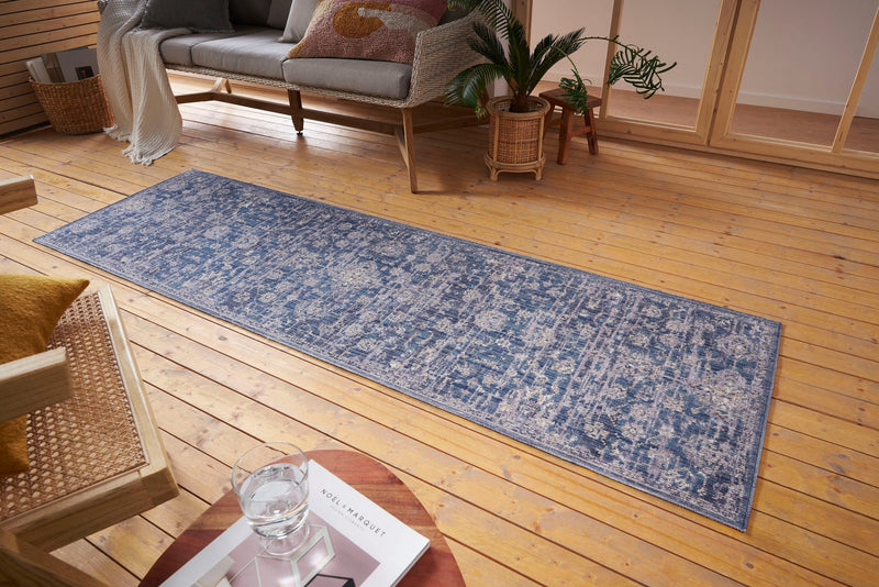 Covor traversă Alexandria cu fire scurte albastru, aspect vintage 75x200 cm - LunaHome.ro