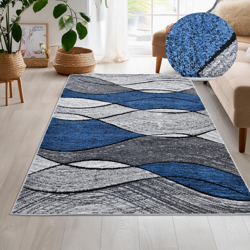 Covor traversa Esmea gri cu albastru, model cu valuri 160x230 cm - LunaHome.ro