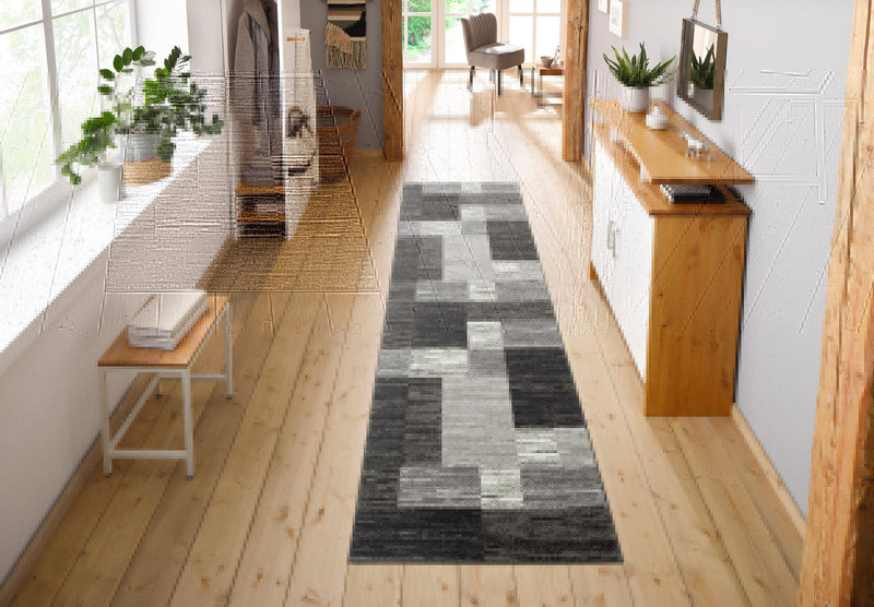 Covor traversa Melvin negru cu model geometric modern 90x250 cm - LunaHome.ro