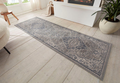 Covor traversa Orken cu fire scurte gri, model oriental vintage 80x200 cm - LunaHome.ro