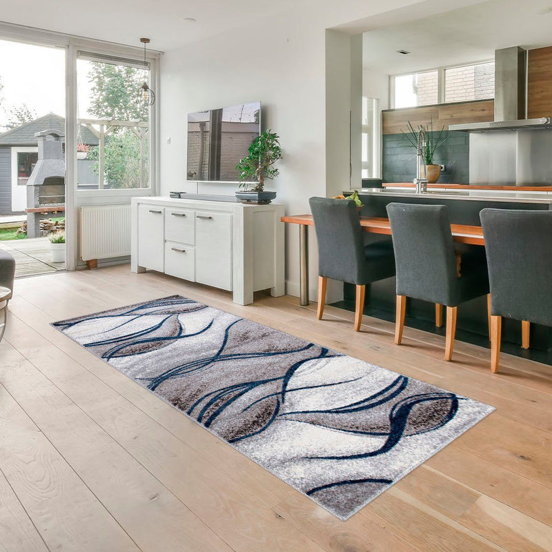 Covor traversa Tritom în nuanțe de gri si albastru cu model modern 80x300 cm - LunaHome.ro