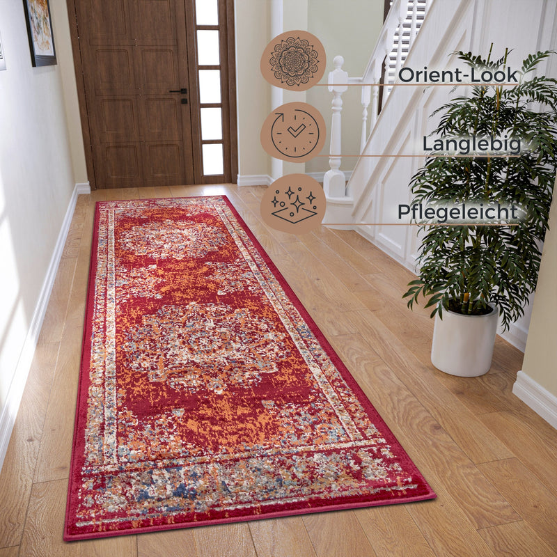 Covor traversa »Maderno« cu design oriental rosu, fire scurte 80x240 cm - LunaHome.ro