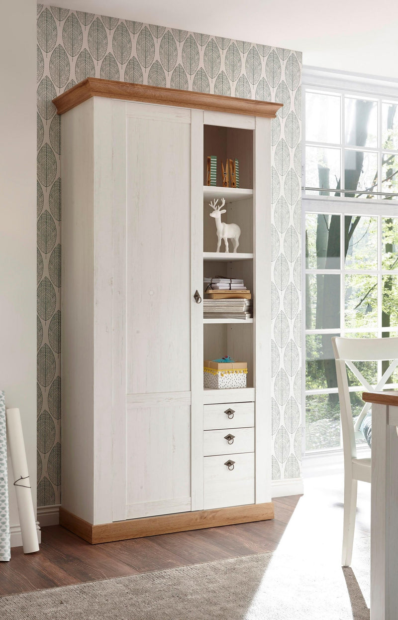 Dulap Cremona cu rafturi si 3 sertare alb cu aspect de lemn 102 cm - LunaHome.ro