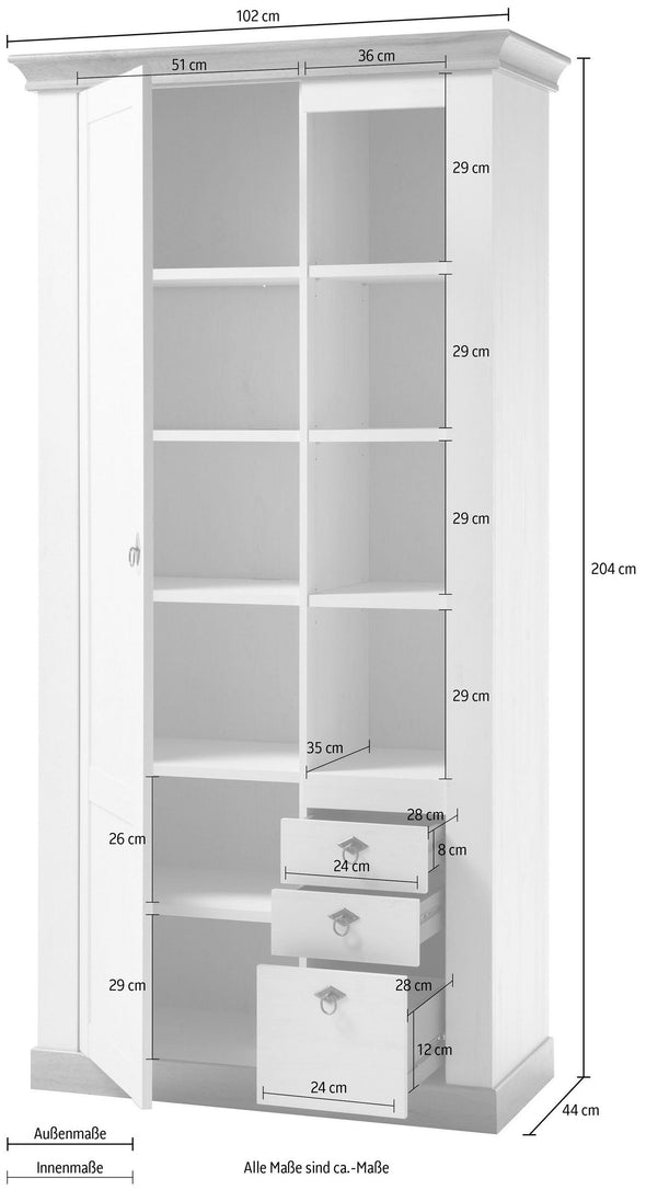 Dulap Cremona cu rafturi si 3 sertare alb cu aspect de lemn 102 cm