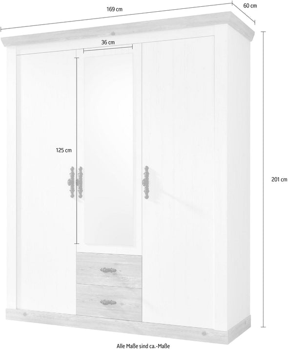 Dulap Florenz cu 3 usi, 2 sertare, aspect de lemn alb 169 cm latime