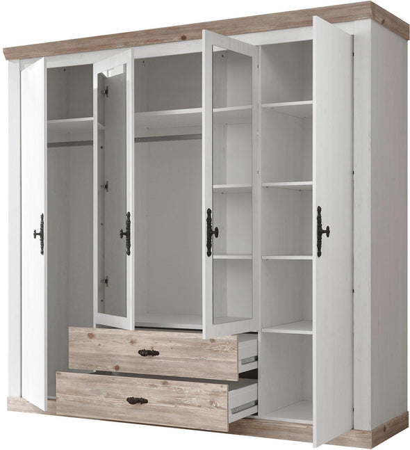 Dulap Florenz cu 4 usi, 2 sertare, aspect de lemn alb 217 cm latime - LunaHome.ro