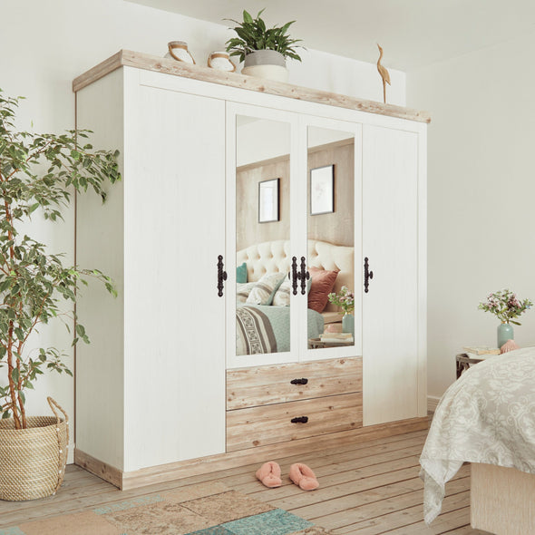 Dulap Florenz cu 4 usi, 2 sertare, aspect de lemn alb 217 cm latime - LunaHome.ro