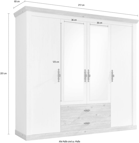 Dulap Florenz cu 4 usi, 2 sertare, aspect de lemn alb 217 cm latime - LunaHome.ro