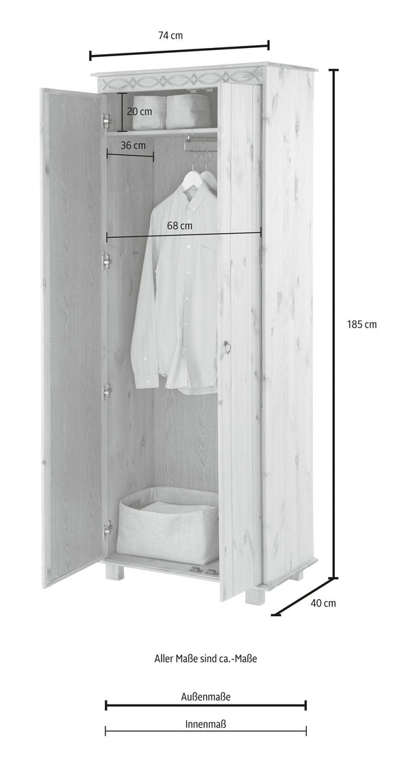 Dulap Indra din lemn masiv de pin natur cu 2 usi, 74 cm lățime - LunaHome.ro