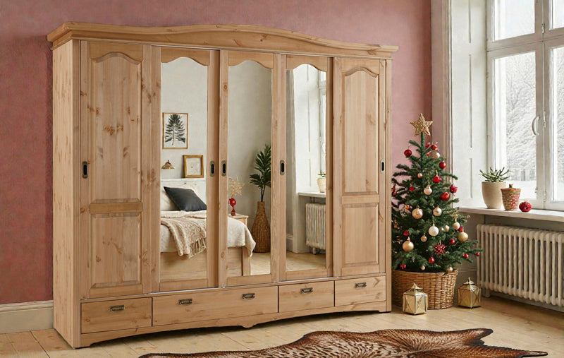 Dulap Konrad din lemn de pin natur cu 5 usi glisante 249 cm lățime - LunaHome.ro