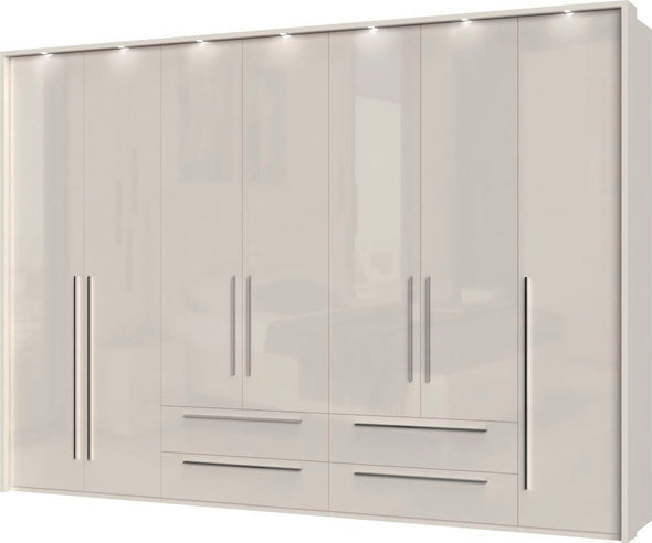 Dulap Piano cu 7 usi bej lucios, cu functie de inchidere soft si lumini, 322cm - LunaHome.ro