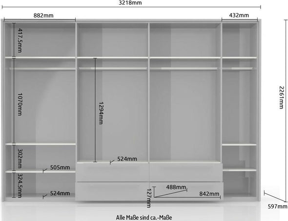 Dulap Piano cu 7 usi bej lucios, cu functie de inchidere soft si lumini, 322cm - LunaHome.ro