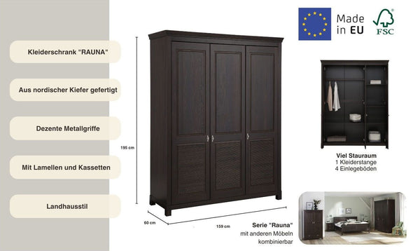 Dulap Rauna din lemn de pin maro inchis cu 3 uși 159 cm lățime - LunaHome.ro